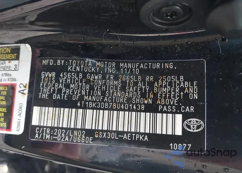 2011 Toyota Avalon Limited из США, поврежденный, VIN 4T1BK3DB7BU401438